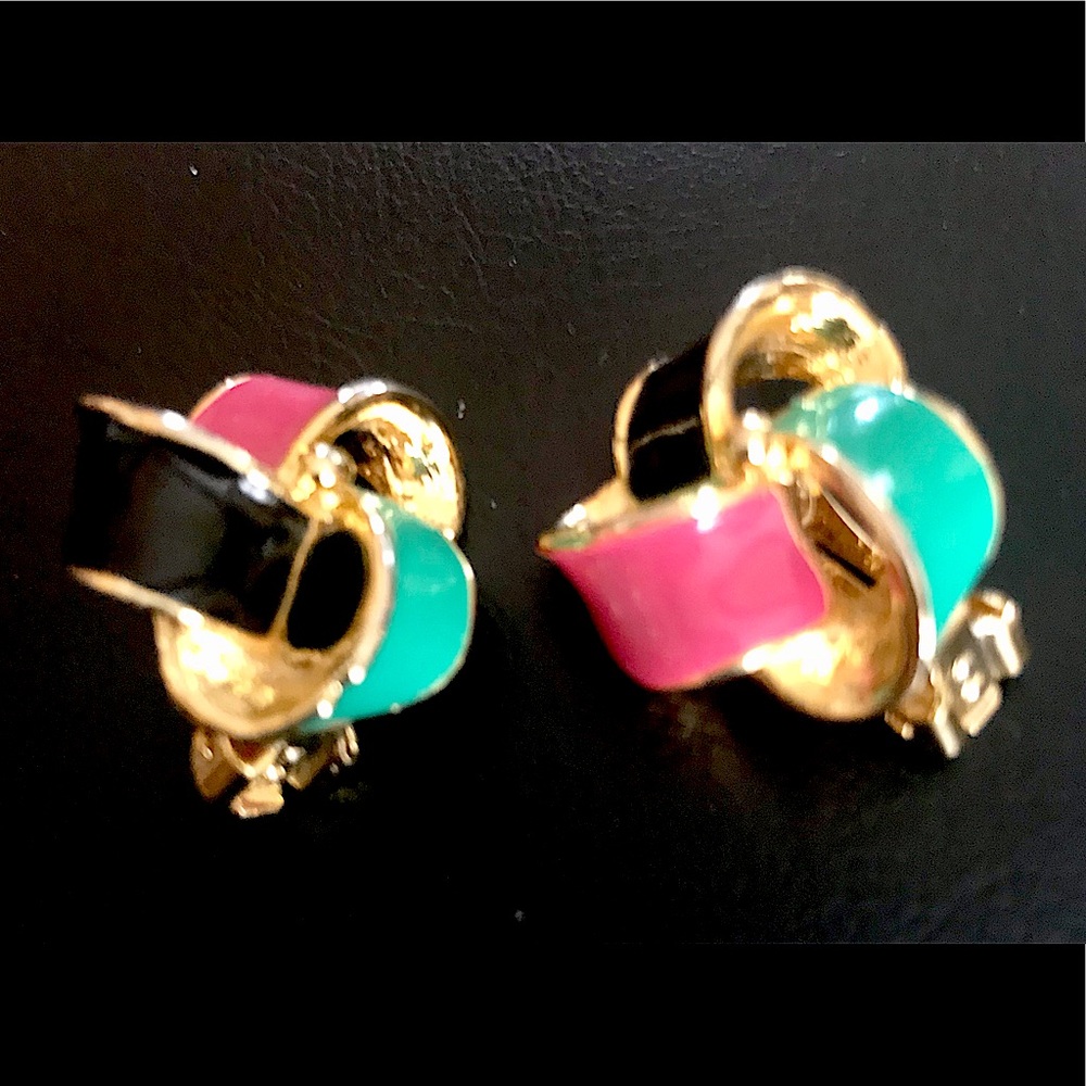 Vintage Clip On Pink Green Black Earrings 1970s French Couture Enamel